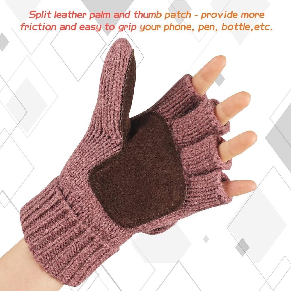 Women's Pink Winter Warm Thermal Insulation Fingerless Texting Wool Gloves - Picture 6 of 6